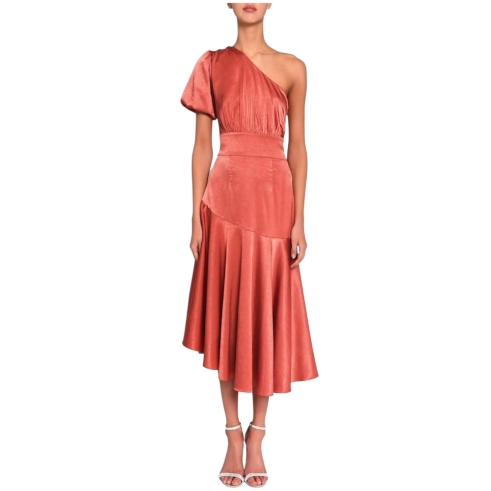 True Decadence Baked Rose satin One hand puffsleeve Assymetrical midlength Dress